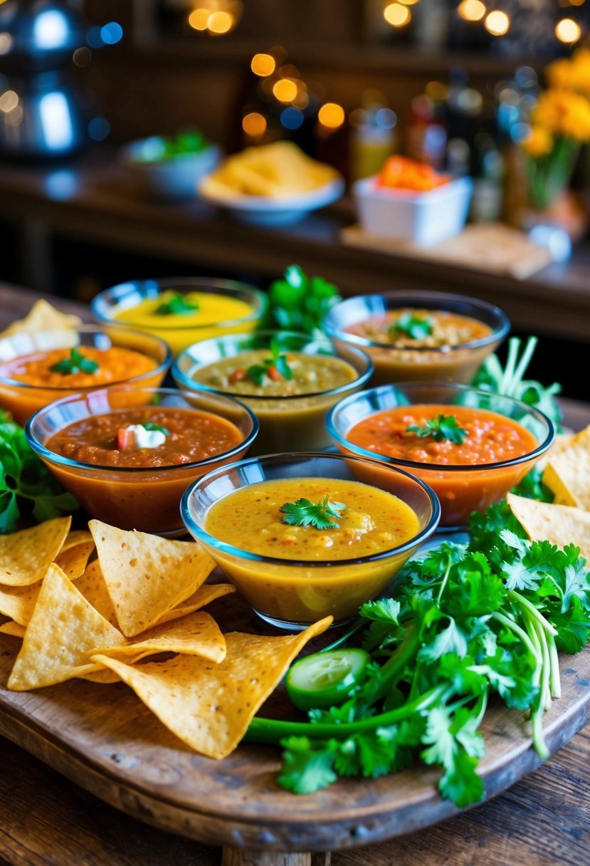 A colorful salsa bar with various salsas in glass bowls, surrounded by tortilla chips and fresh vegetables, set on a rustic wooden table