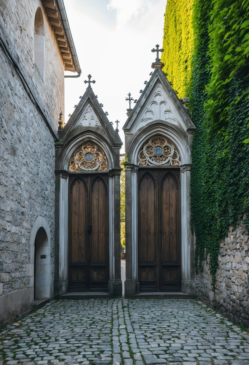 A pair of weathered, ornate church doors stand tall, flanked by ivy-covered stone walls and a winding cobblestone path