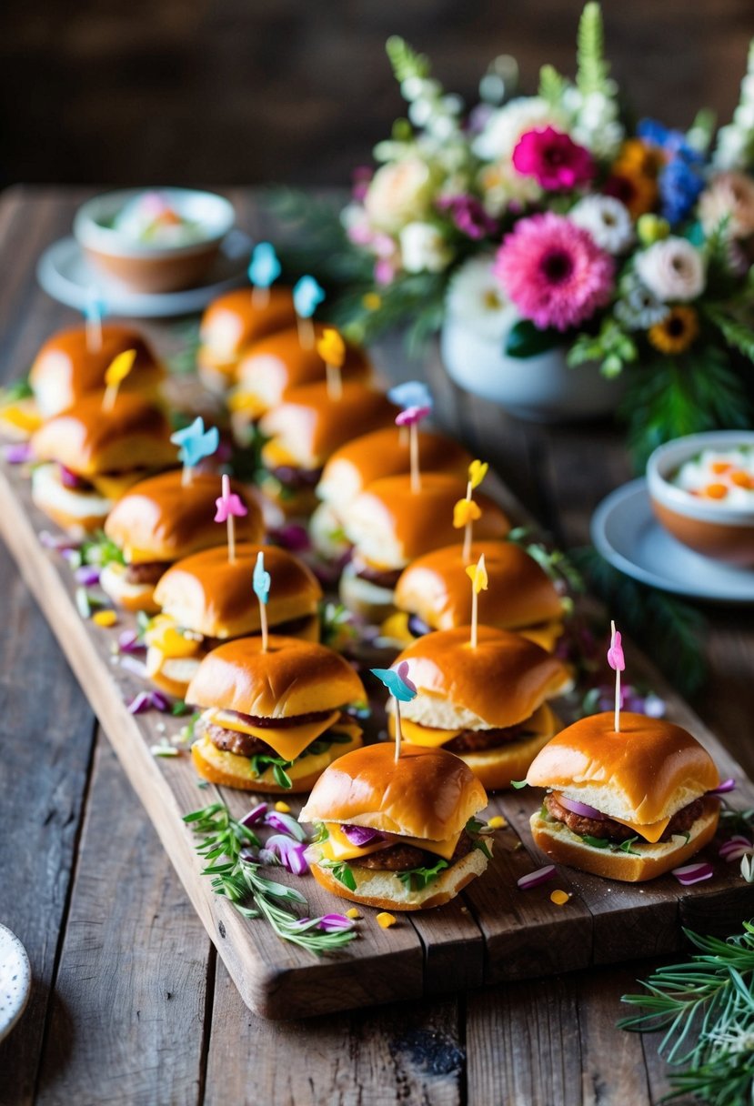 A rustic wooden table adorned with an assortment of mini sliders, garnished with colorful toppings and surrounded by decorative floral arrangements