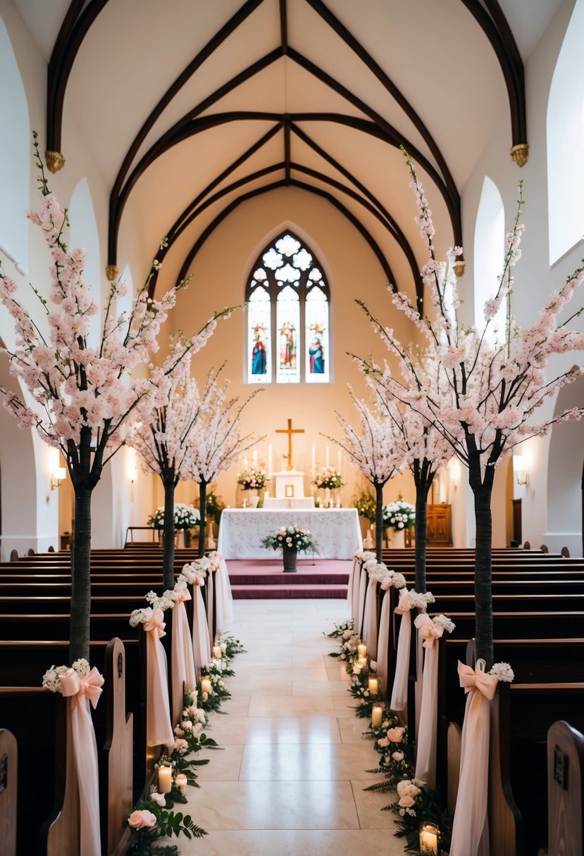 A church wedding with cherry blossom branch centerpieces adorning the pews and altar, creating a romantic and elegant atmosphere