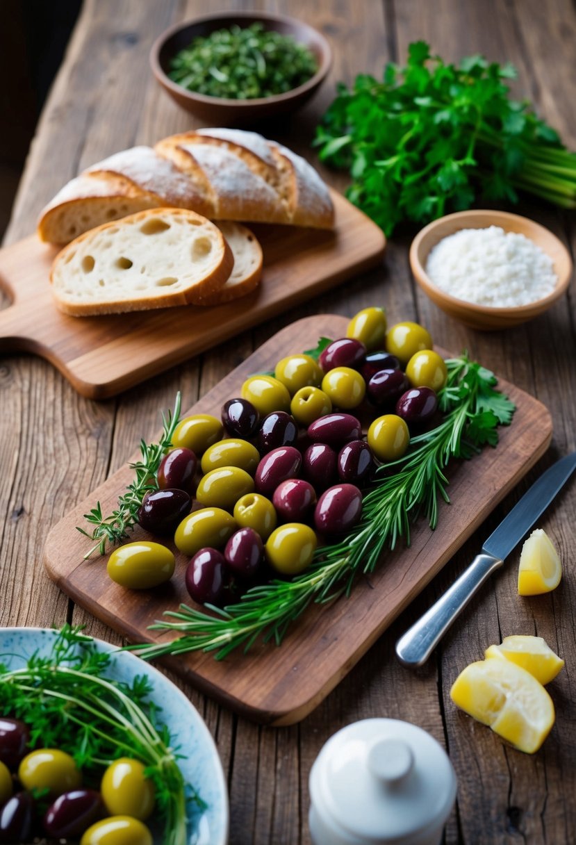 A rustic wooden table adorned with an array of vibrant olives, accompanied by fresh herbs and artisanal bread