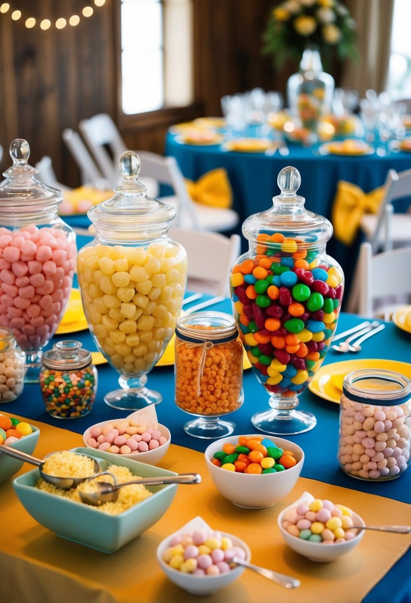 A colorful array of candies arranged in glass jars and bowls on a decorated table, with scoops and bags for guests to create their own wedding snack