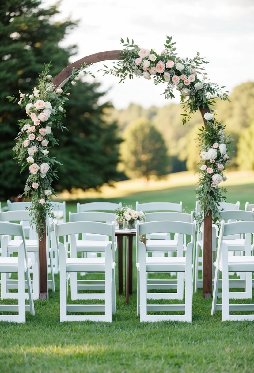 A simple outdoor ceremony: a flower-adorned arch, white chairs, and a small table for signing documents