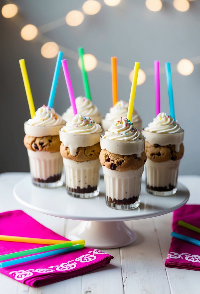 Mini cookie milkshakes arranged on a white table with colorful straws and decorative napkins