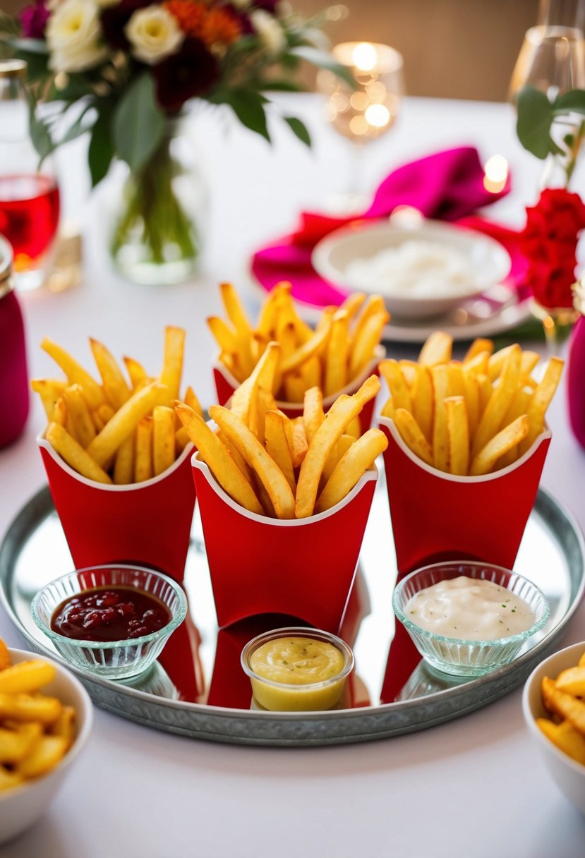 A festive wedding snack table with French fry cups, condiments, and decorative accents