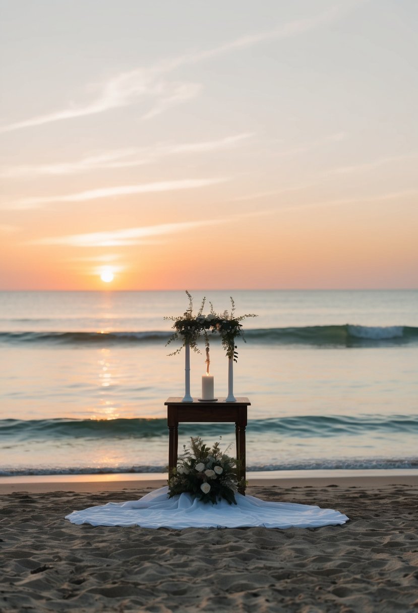 A serene beach at sunset with a simple altar, surrounded by soft golden light and gentle waves