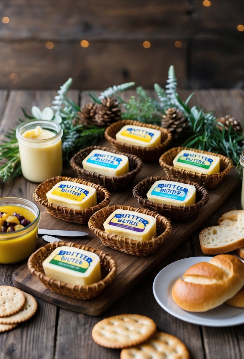 A rustic wooden table adorned with an assortment of flavored butter baskets, surrounded by fresh bread, crackers, and decorative greenery