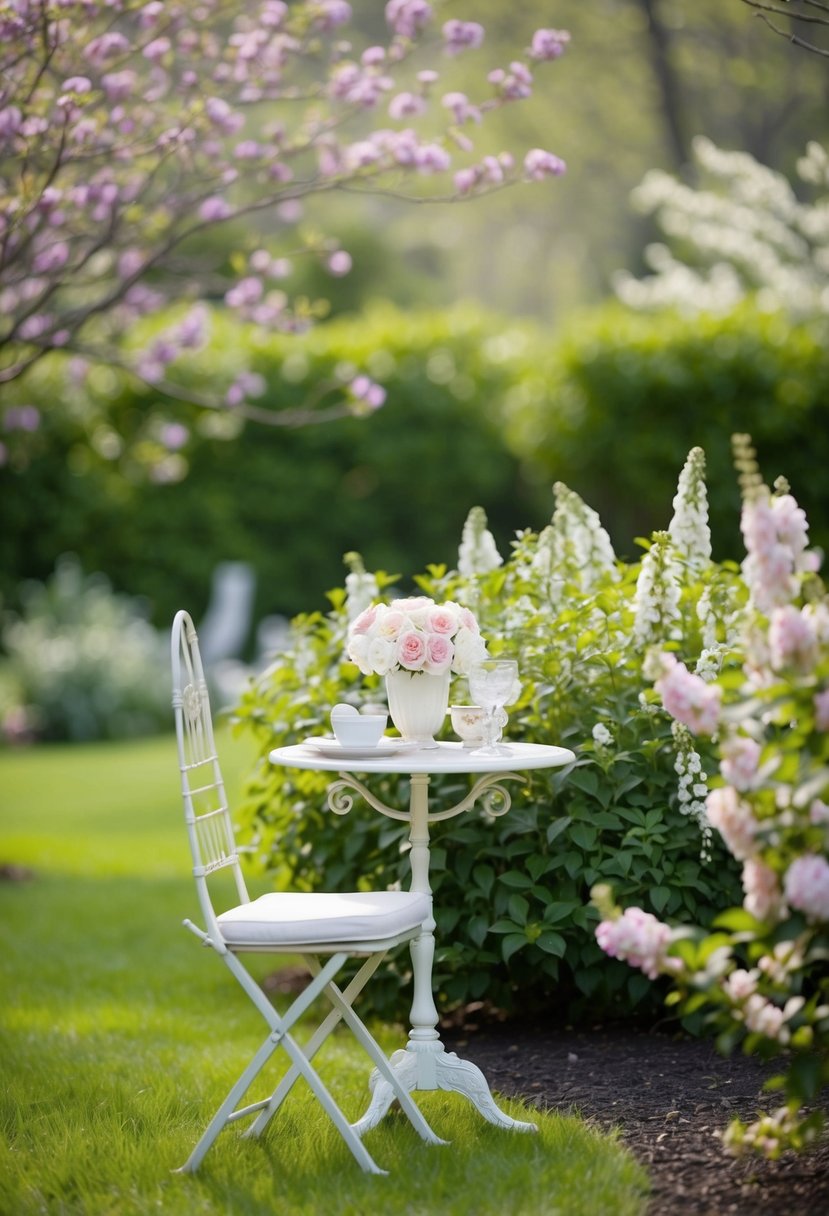 A serene outdoor setting with a blooming garden and a gentle breeze. A small table adorned with elegant decor and a single chair