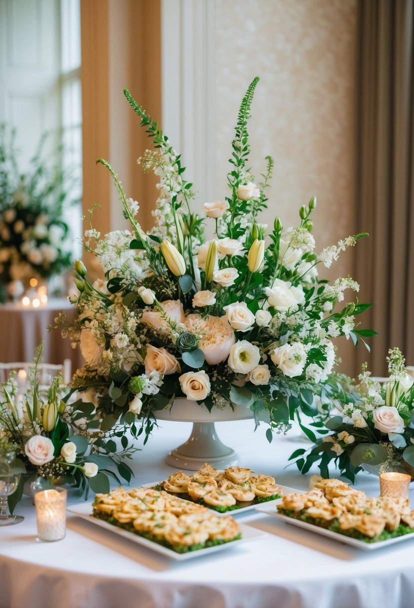 A lavish floral arrangement adorns a wedding snack table, with delicate blooms and greenery arranged in an elegant display