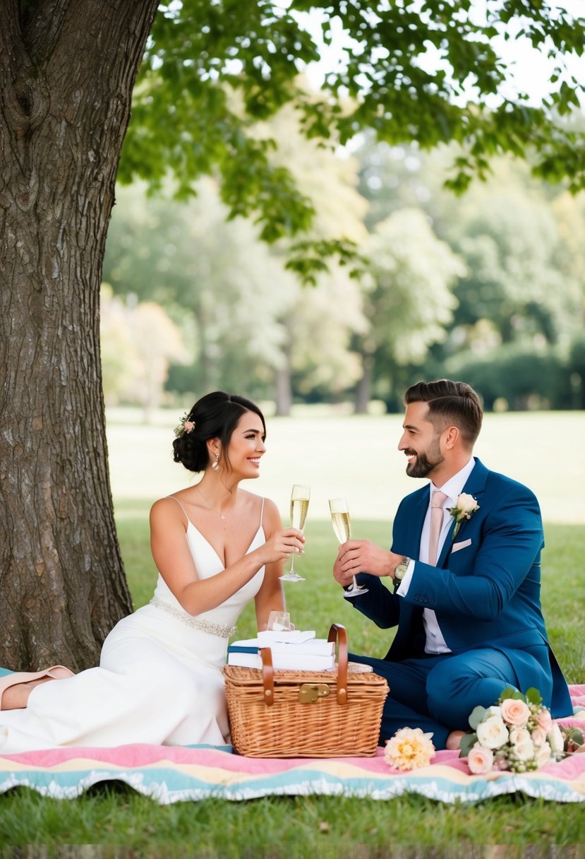 A couple spreads a blanket under a tree, with a picnic basket, champagne, and flowers, celebrating their civil wedding ceremony