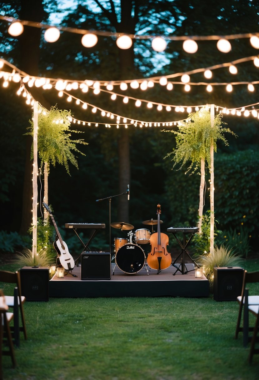 A cozy outdoor garden set up with twinkling lights, a small stage, and musical instruments ready for a surprise wedding performance