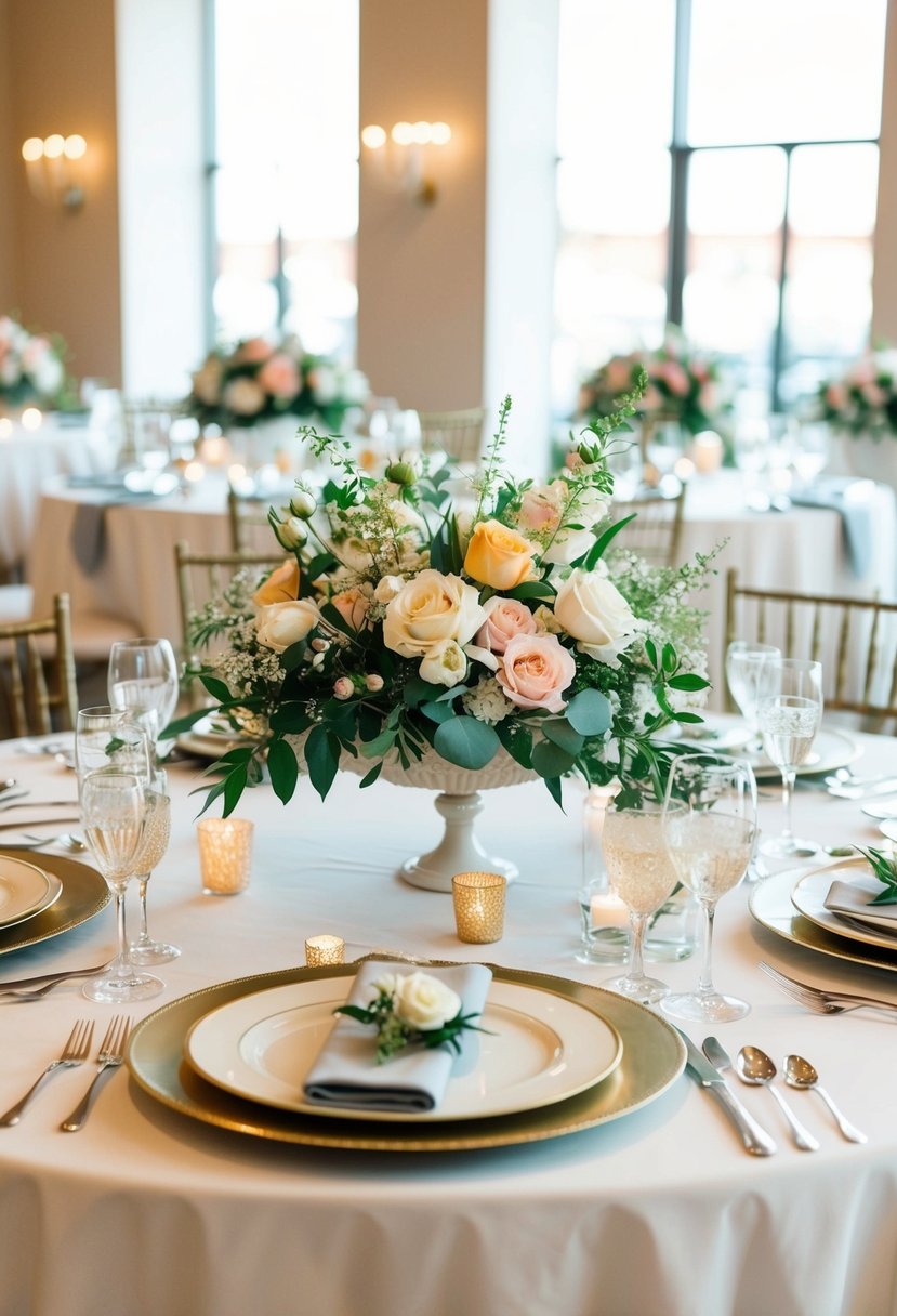 A beautifully decorated table with floral centerpieces and elegant place settings for a wedding celebration