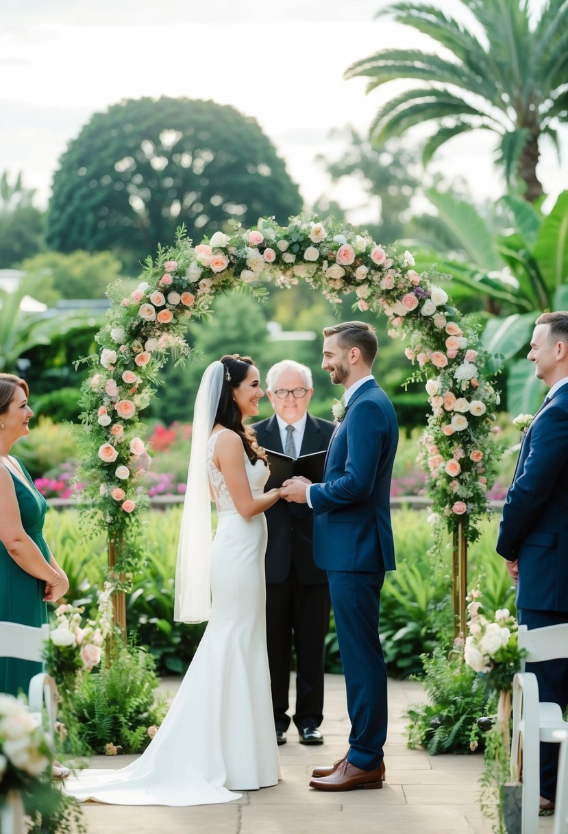 A couple stands under a floral arch in a lush botanical garden, exchanging vows in a civil wedding ceremony