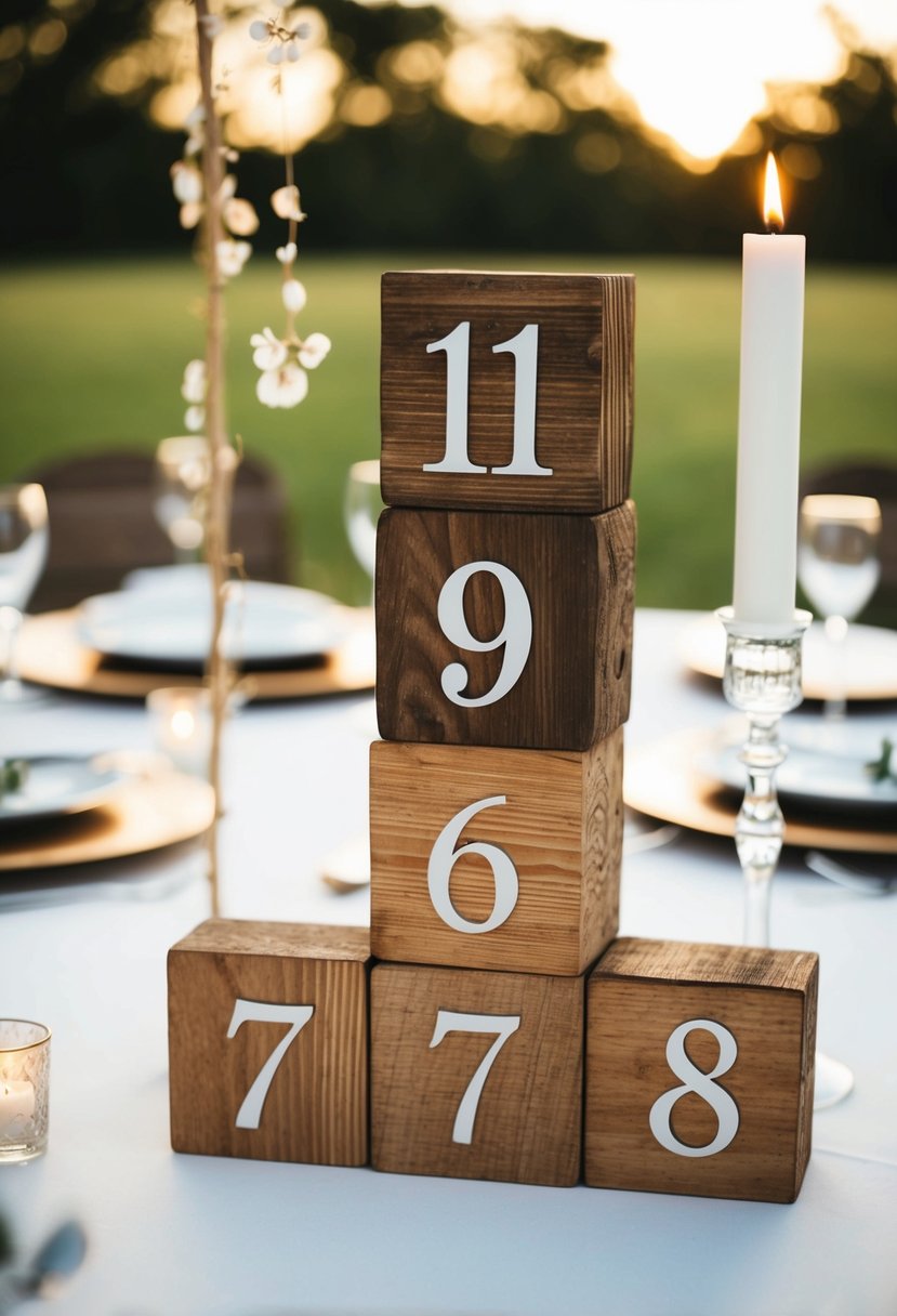 A rustic wooden blocks table number arrangement for a wedding centerpiece