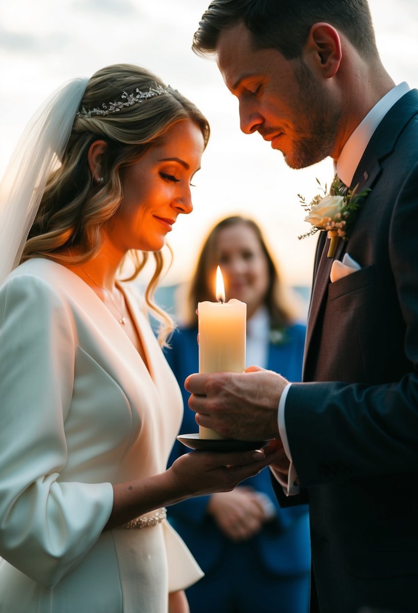 A couple lighting a unity candle together at a civil wedding ceremony