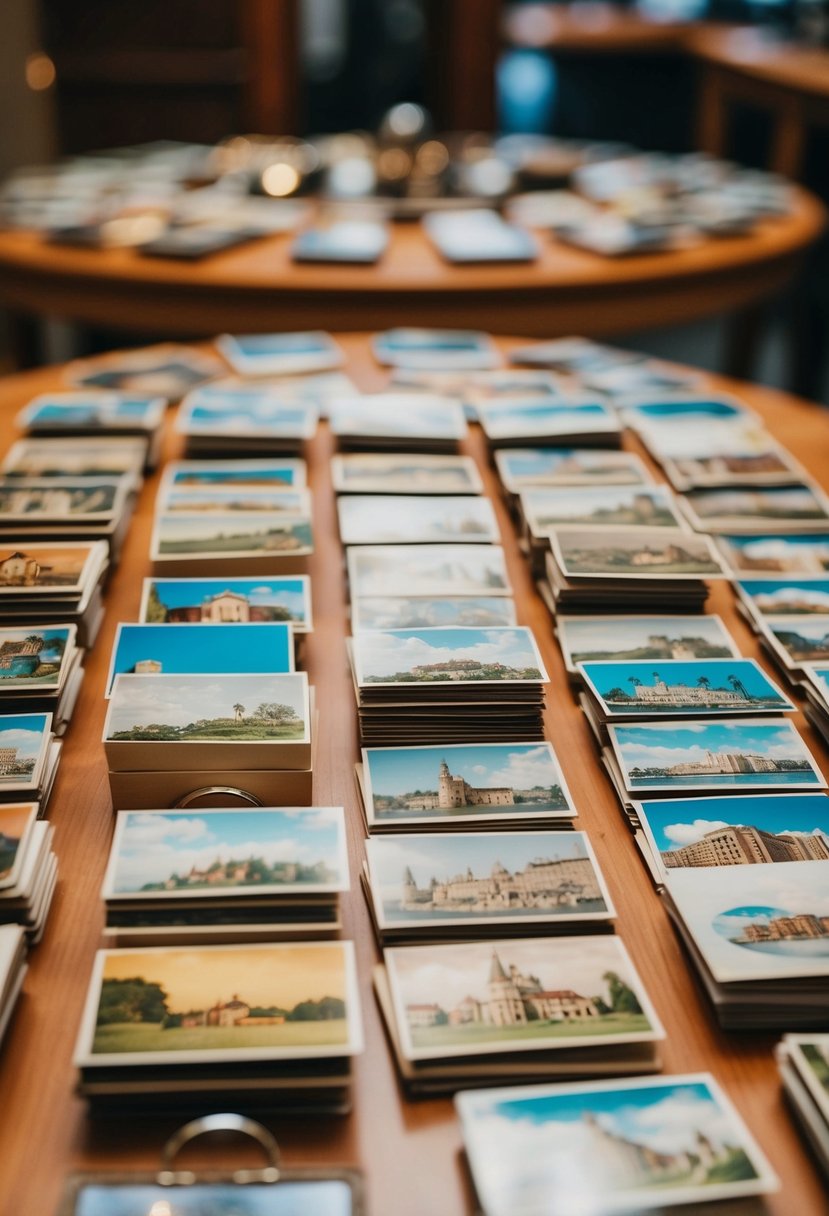 A table adorned with vintage postcards arranged in a neat display