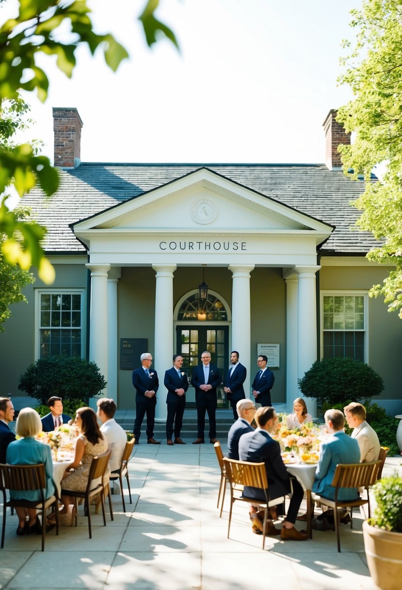 A simple courthouse with a small gathering of guests, followed by a cozy brunch in a sunny courtyard