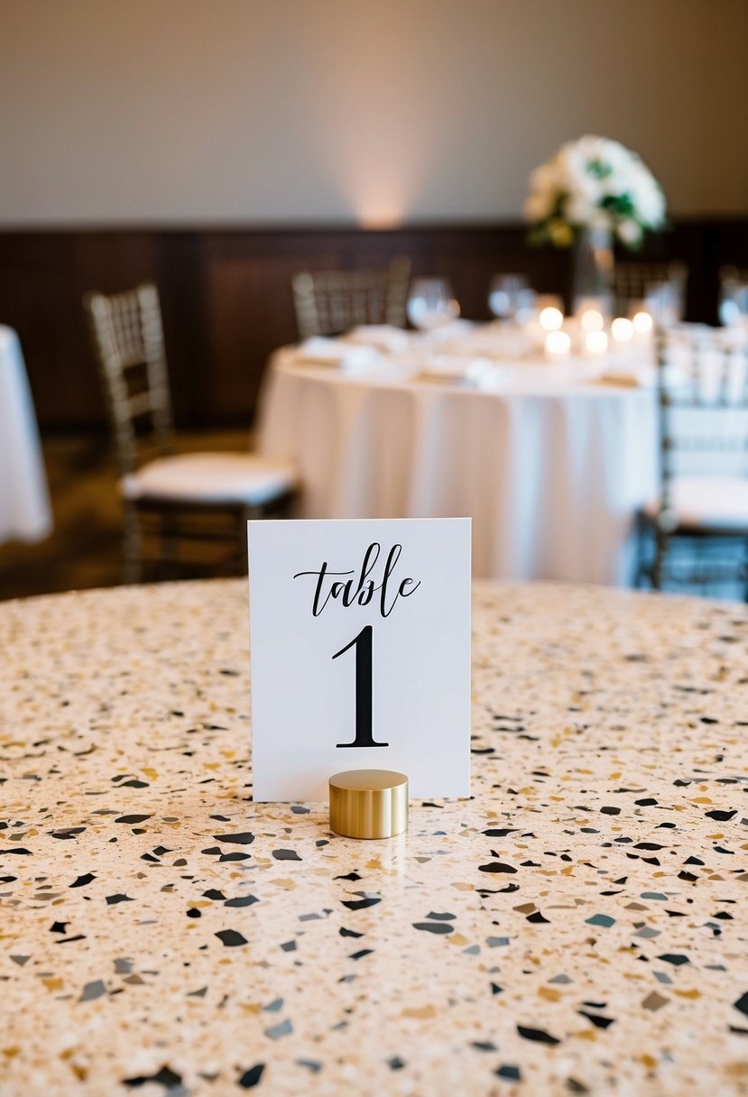 A round table with a terrazzo tile design, adorned with a simple table number, set in a wedding reception hall