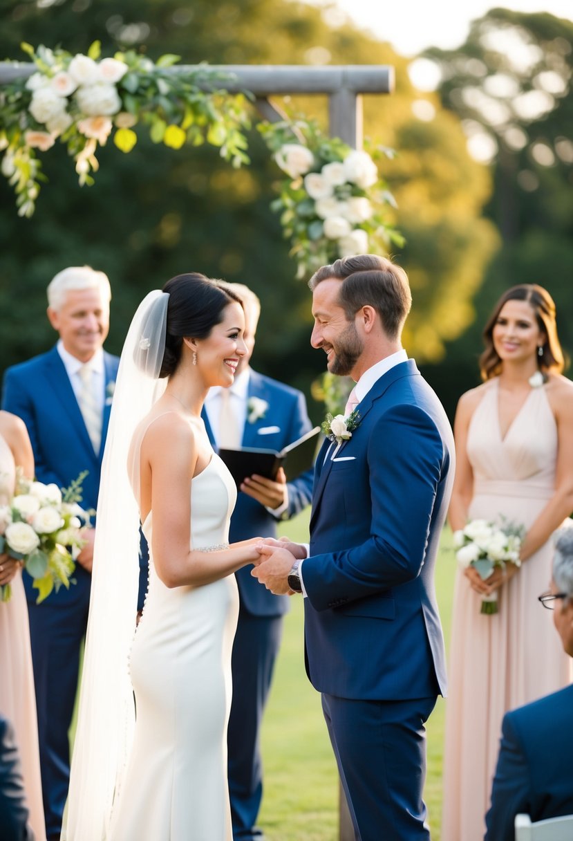 A couple exchanging vows in a simple, elegant ceremony with family and friends watching via live-stream