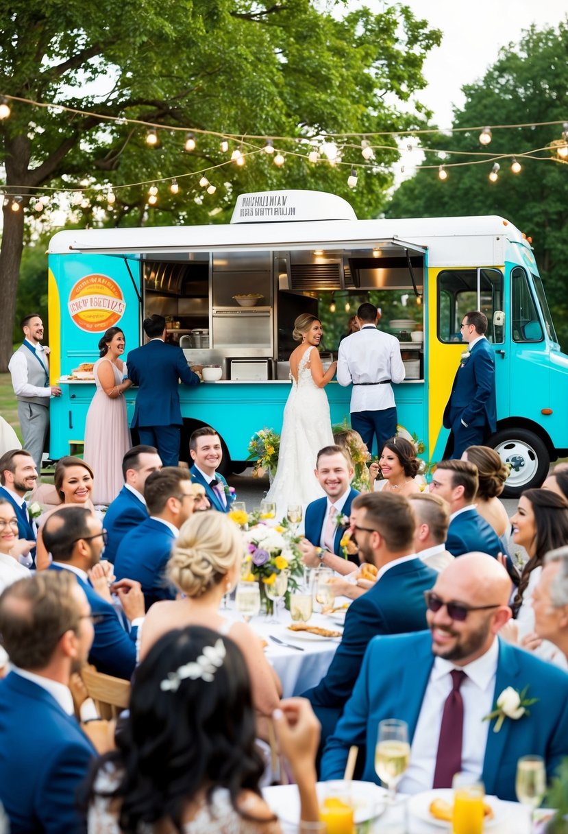 A colorful food truck parked at a wedding reception, surrounded by happy guests enjoying a variety of delicious street food