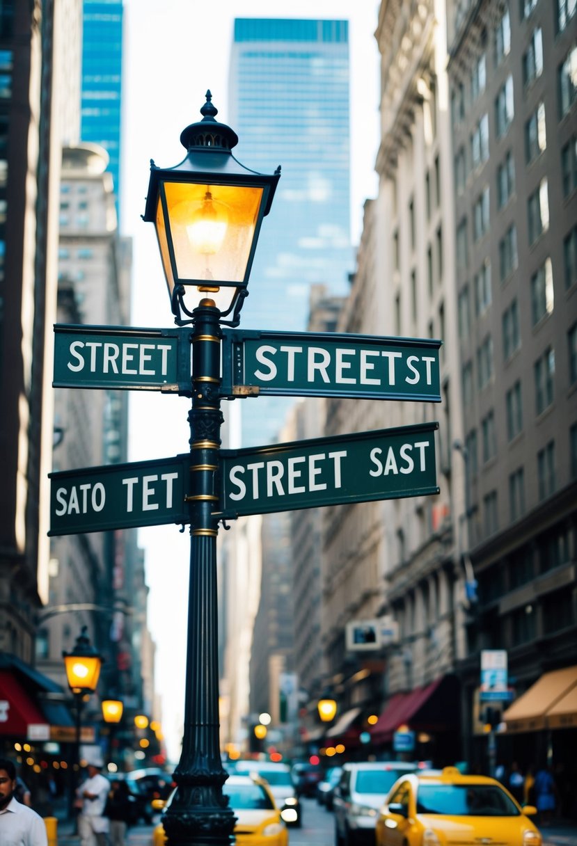 A bustling city street with vintage street signs and lamp posts, surrounded by tall buildings and bustling with activity