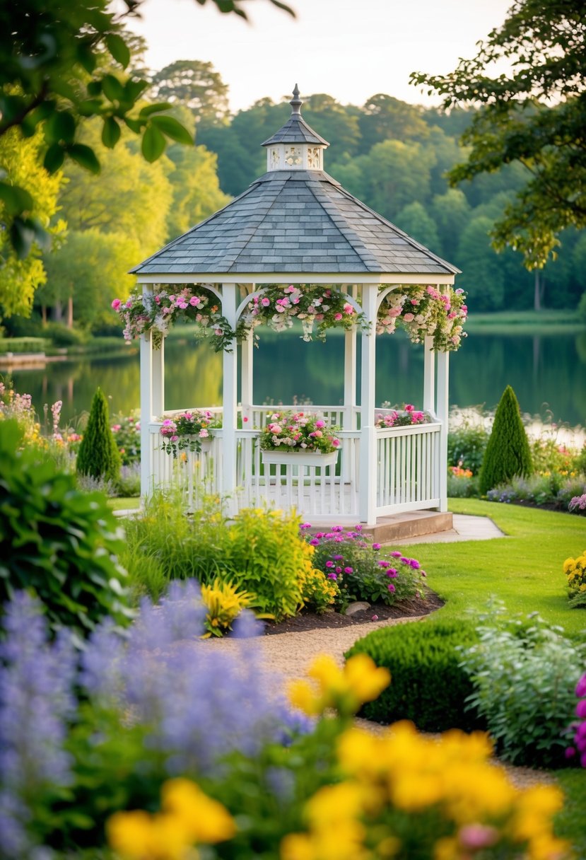 A picturesque garden with a gazebo adorned with flowers, overlooking a tranquil lake, surrounded by lush greenery and colorful blooms