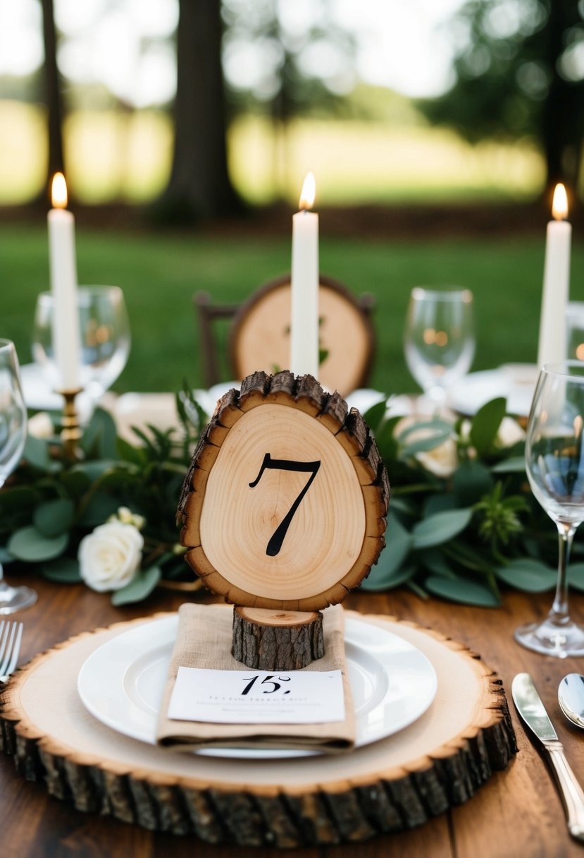 A rustic table centerpiece with tree slice table numbers for a wedding