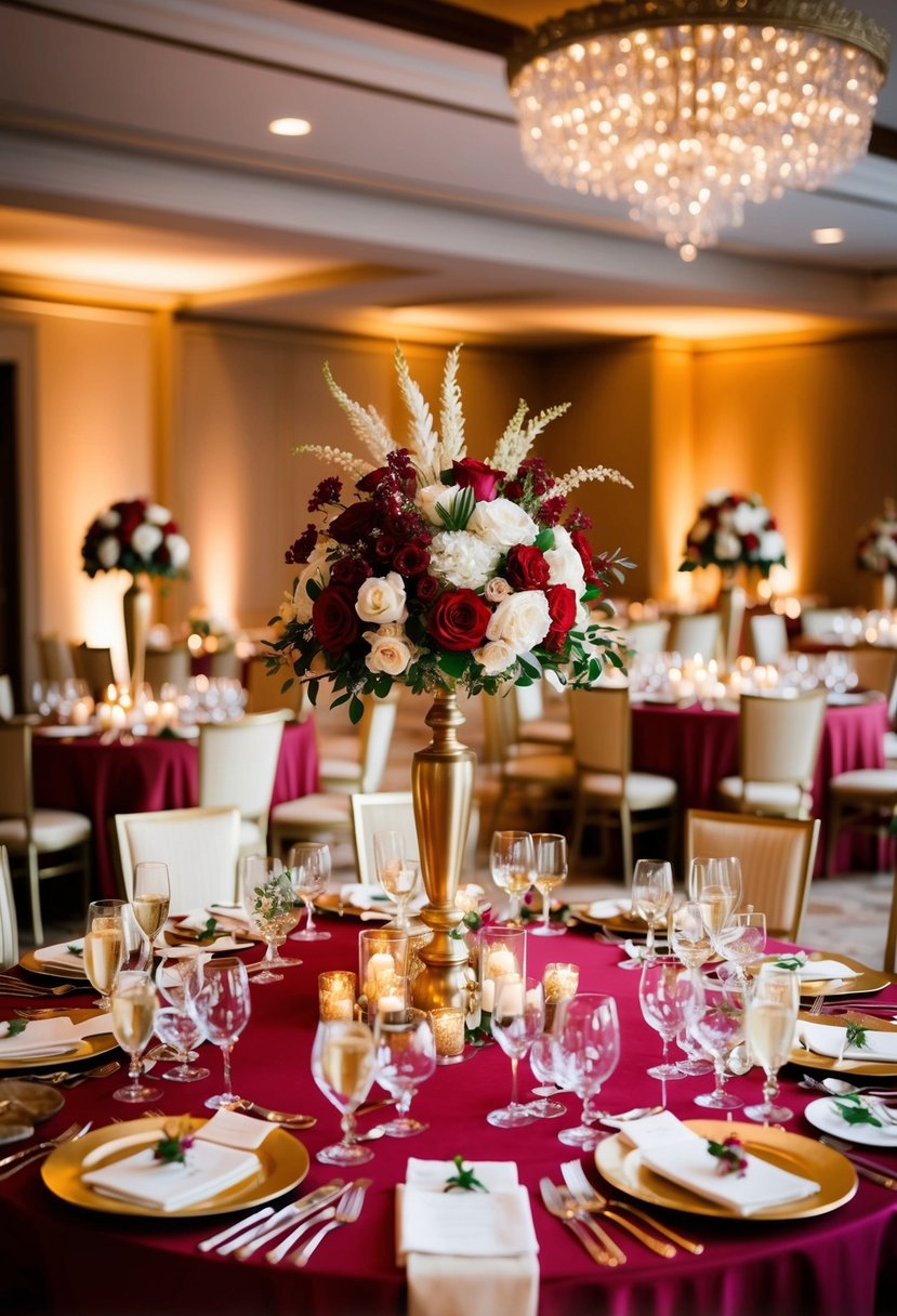 A lavish red and gold wedding banquet with elegant floral centerpieces and romantic candlelit ambiance