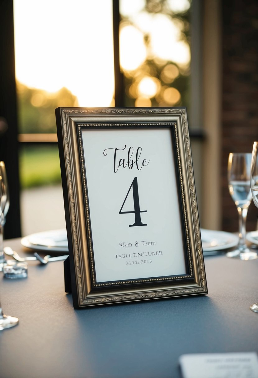 A picture frame sits on a table, holding a card with a wedding table number