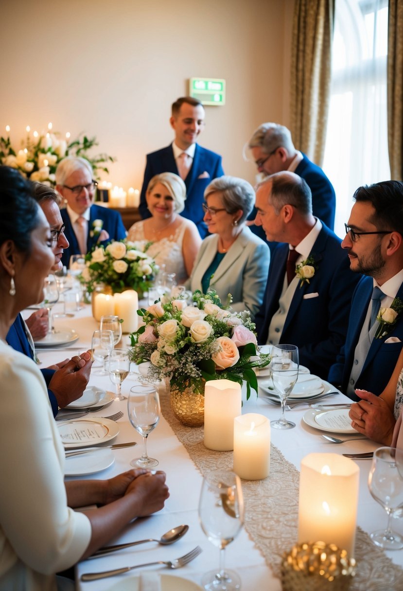 Guests share stories around a decorated table at a civil wedding. Flowers and candles add a personal touch to the intimate ceremony