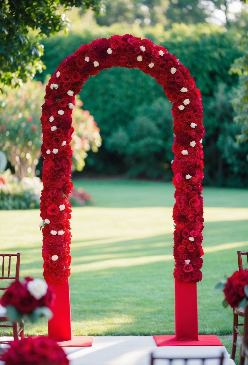 A crimson floral arch stands in a lush garden, creating a romantic setting for a red-themed wedding