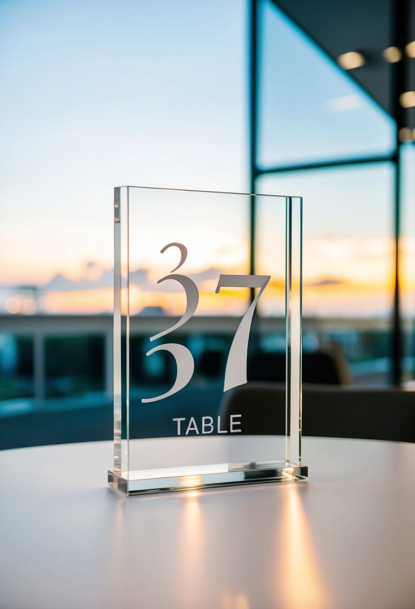 A sleek, minimalist acrylic table number stands against a modern backdrop, with clean lines and contemporary design