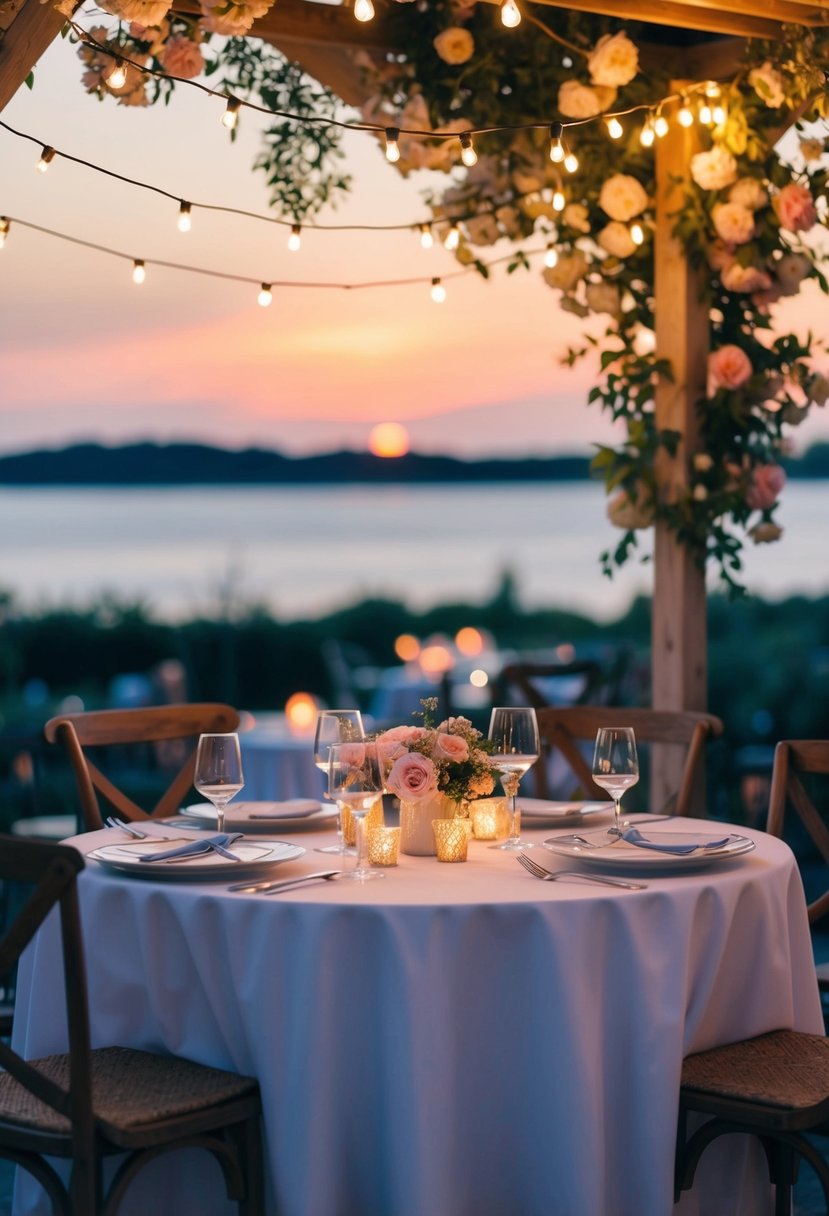 A romantic dinner for two under twinkling lights, surrounded by blooming flowers and a serene sunset backdrop