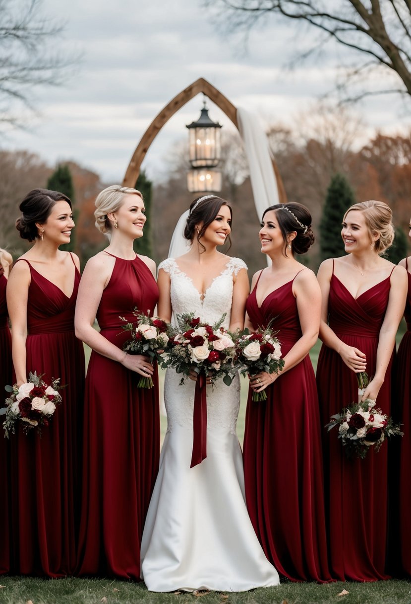 A group of bridesmaid dresses in rich Marsala red, set against a romantic wedding backdrop