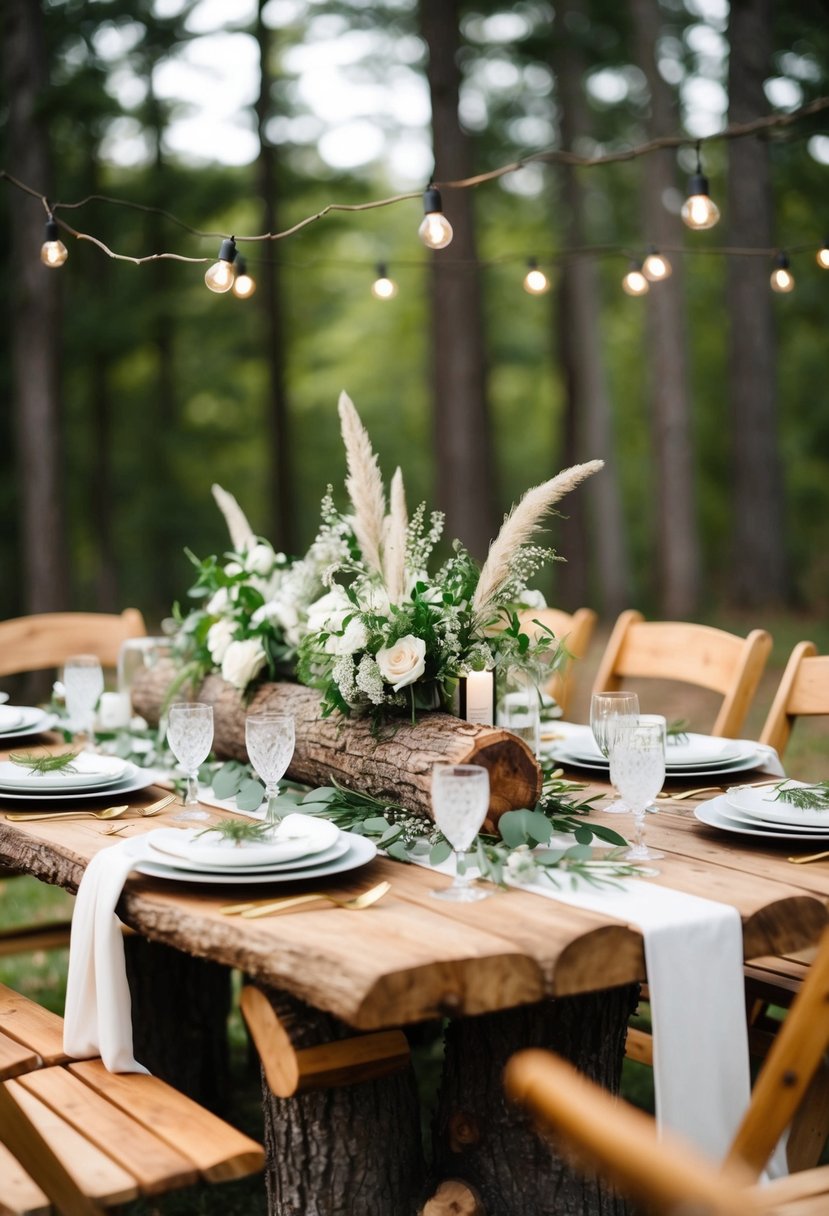 A rustic logs table adorned with wedding decor and centerpieces