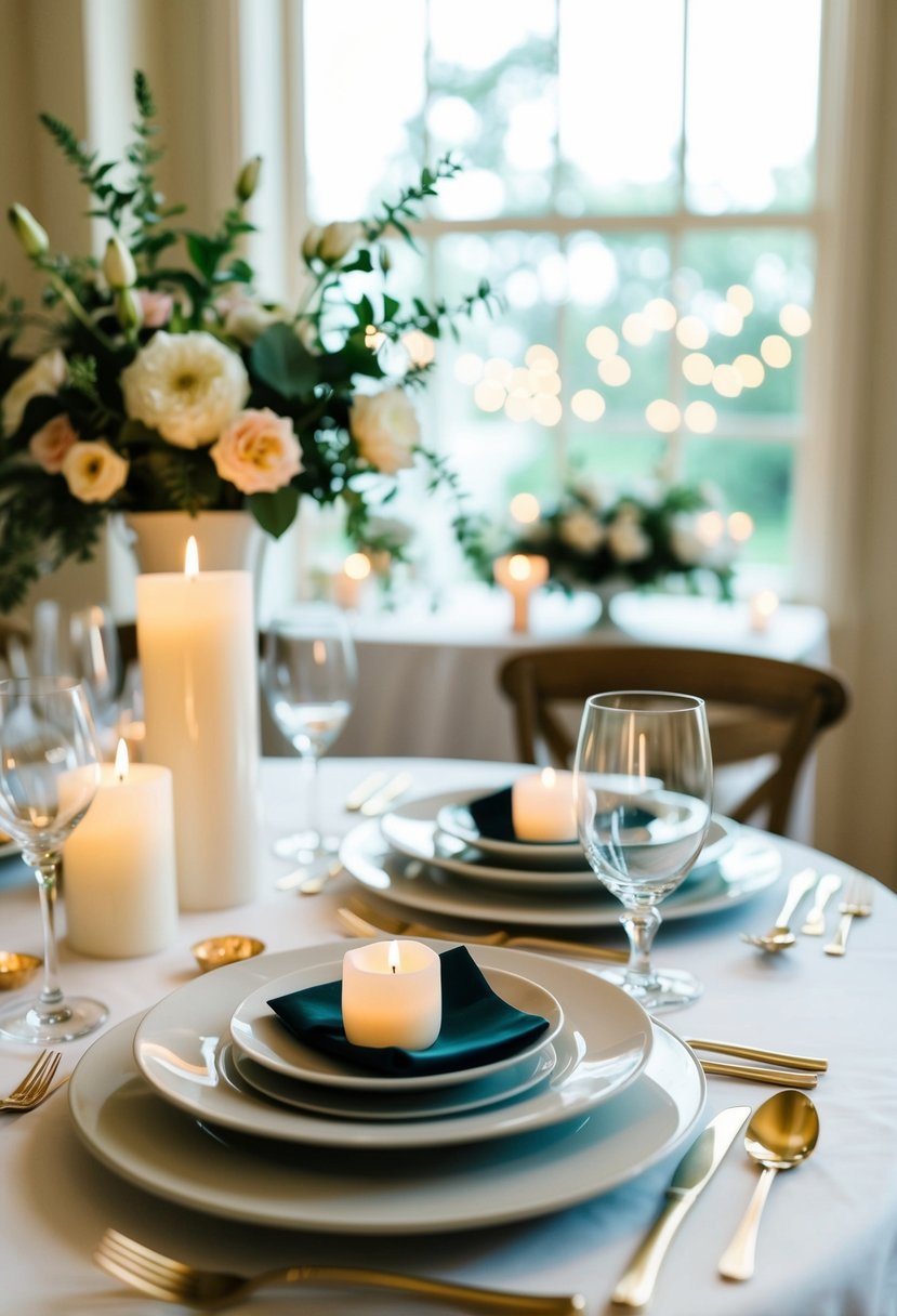 A beautifully set table with elegant place settings, soft candlelight, and a simple yet sophisticated floral centerpiece