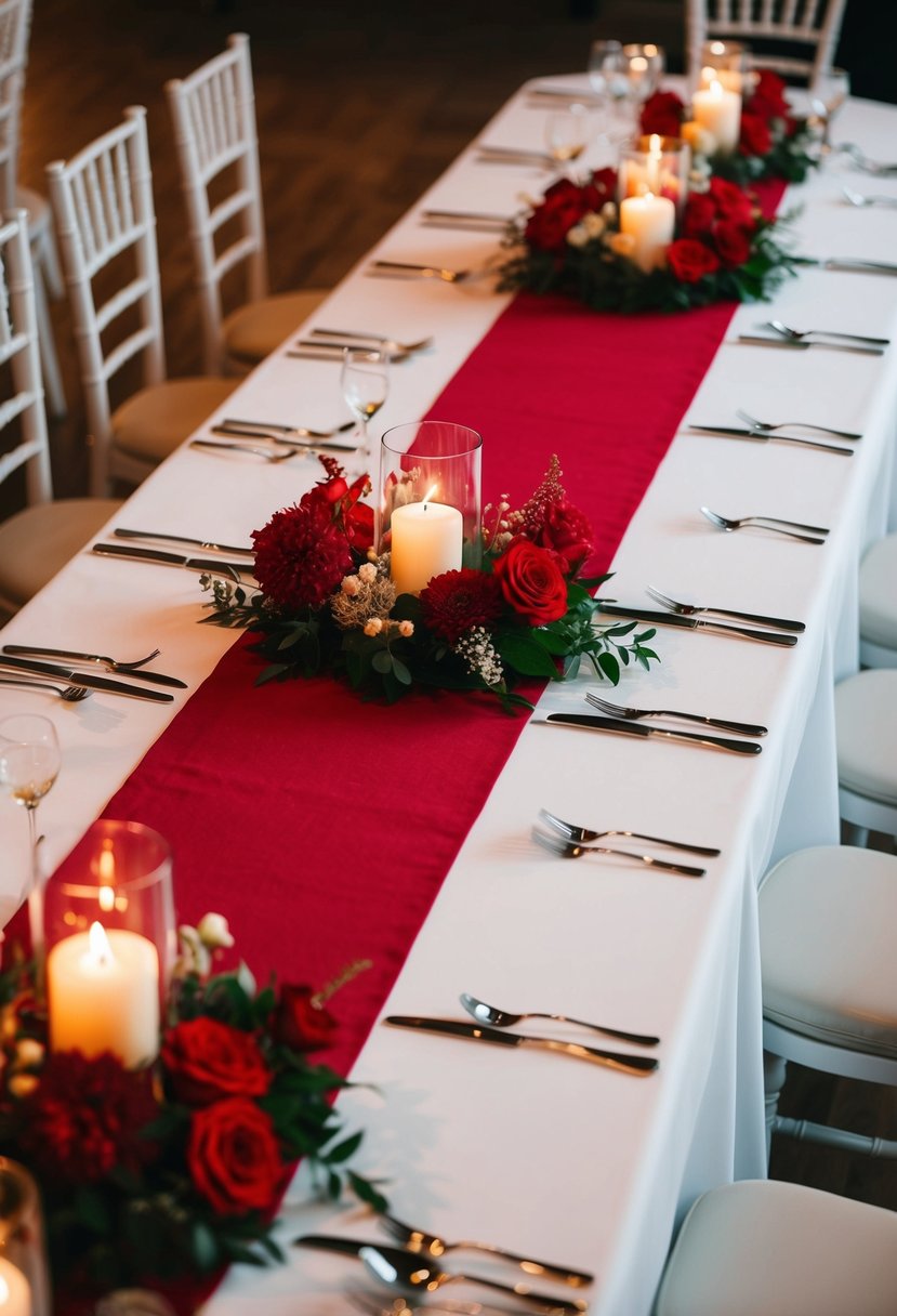 Scarlet table runners lay elegantly on a white table, adorned with red floral centerpieces and flickering candlelight