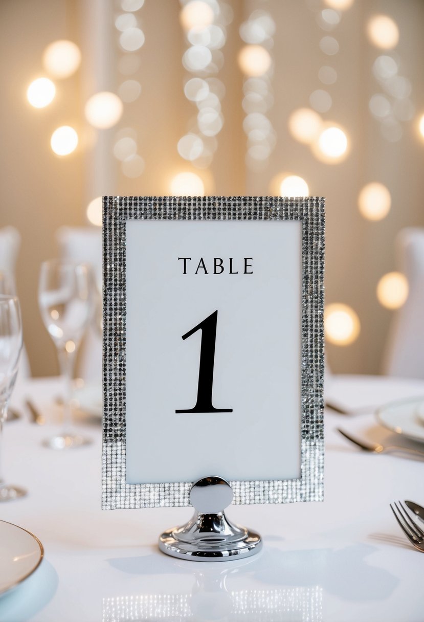 A sleek table number adorned with glittery accents, set against a backdrop of elegant wedding decor