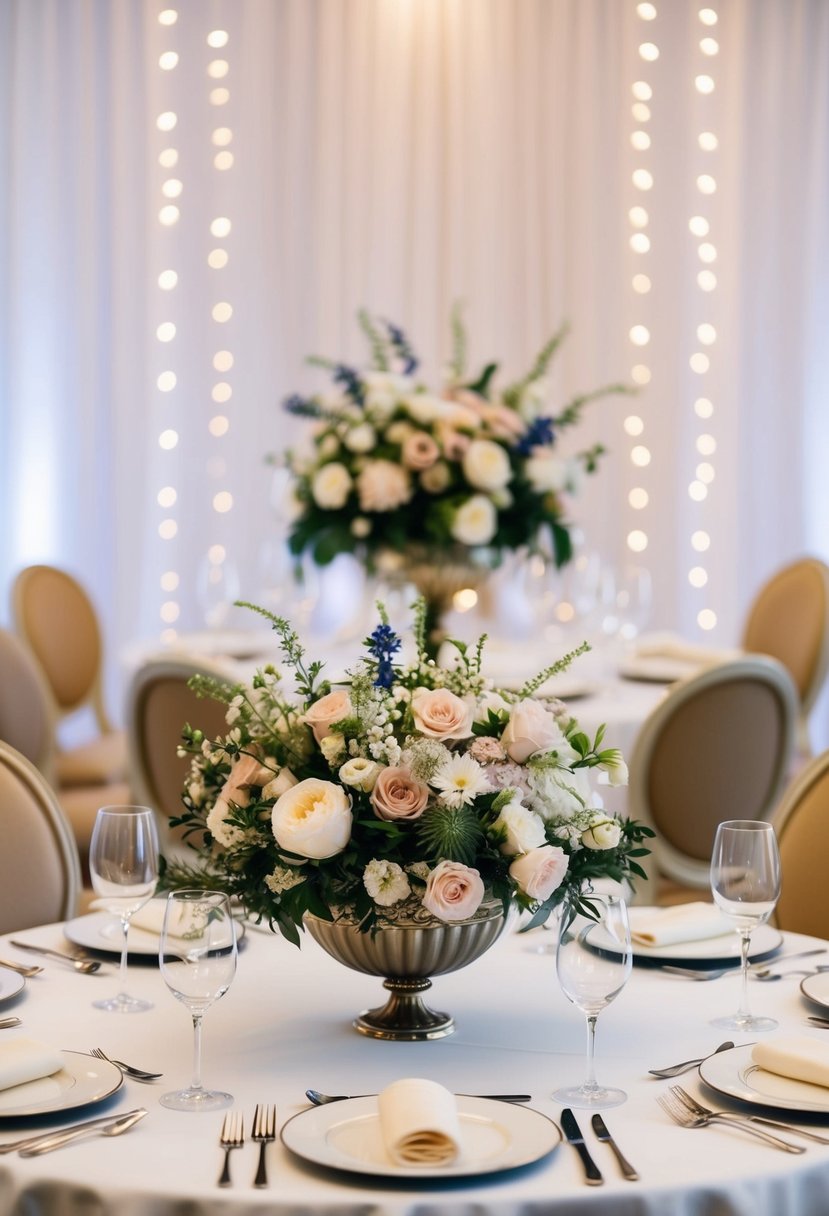 A table with a decorative floral centerpiece, surrounded by elegant chairs. Soft music playing in the background