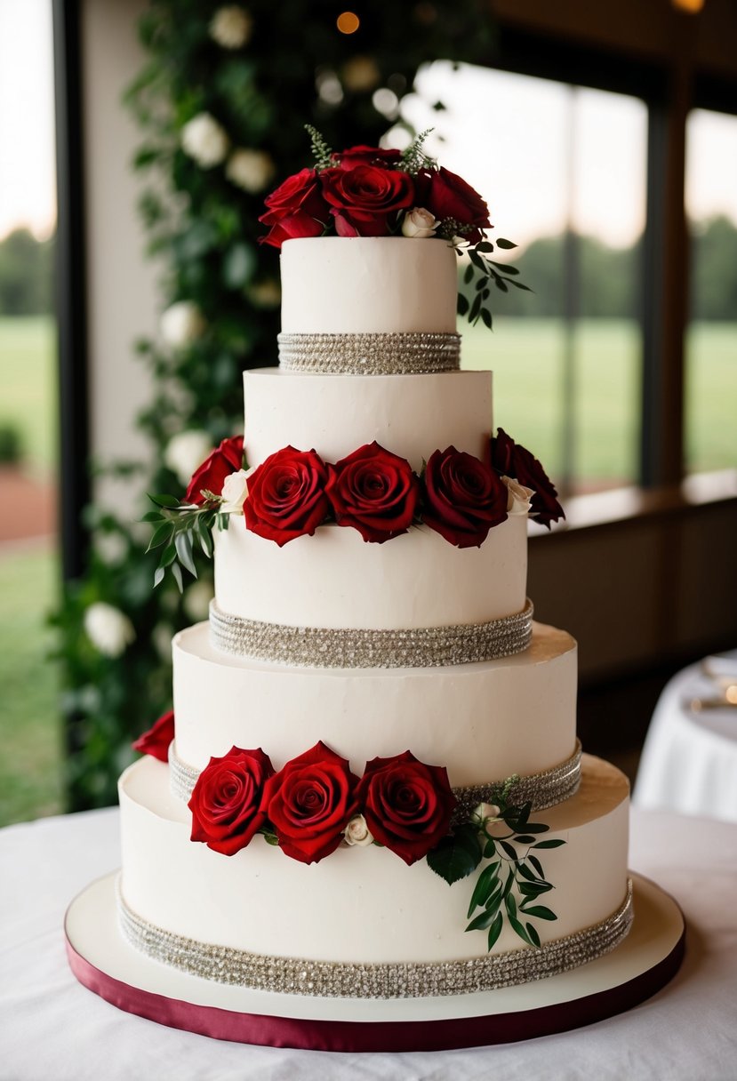 A multi-tiered wedding cake adorned with intricate red roses and green foliage