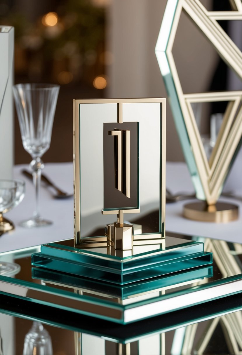 A sleek, geometric table number with metallic accents sits atop a mirrored surface surrounded by elegant, angular Art Deco-inspired decor