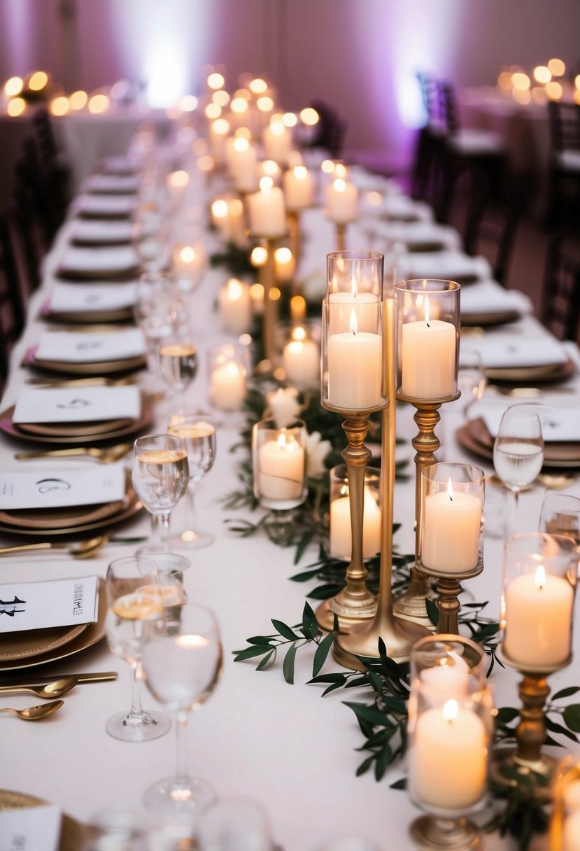 A table adorned with elegant candle holders, each labeled with a number, creating a romantic and sophisticated ambiance for a wedding reception