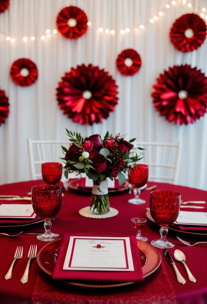 A table set with garnet-colored invitations and red wedding decor