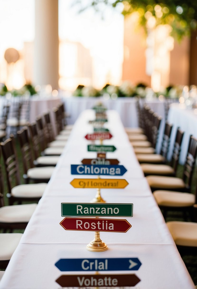 A table adorned with miniature city and country name signs for a wedding seating arrangement