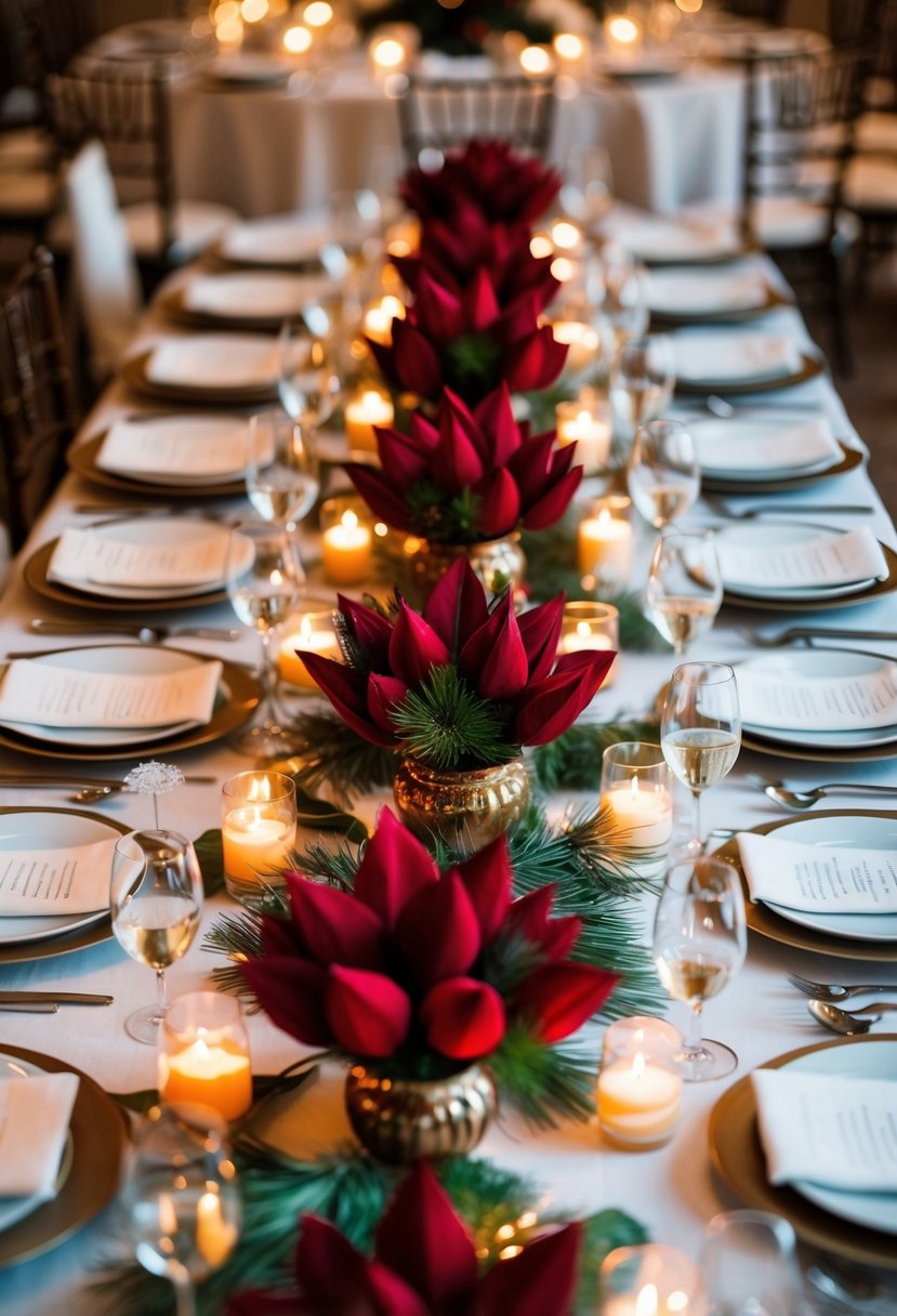 A table adorned with cardinal red centerpieces, surrounded by white linens and flickering candlelight