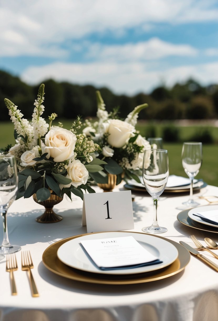 A table set for a wedding with two place settings, floral centerpieces, and a numbered table card