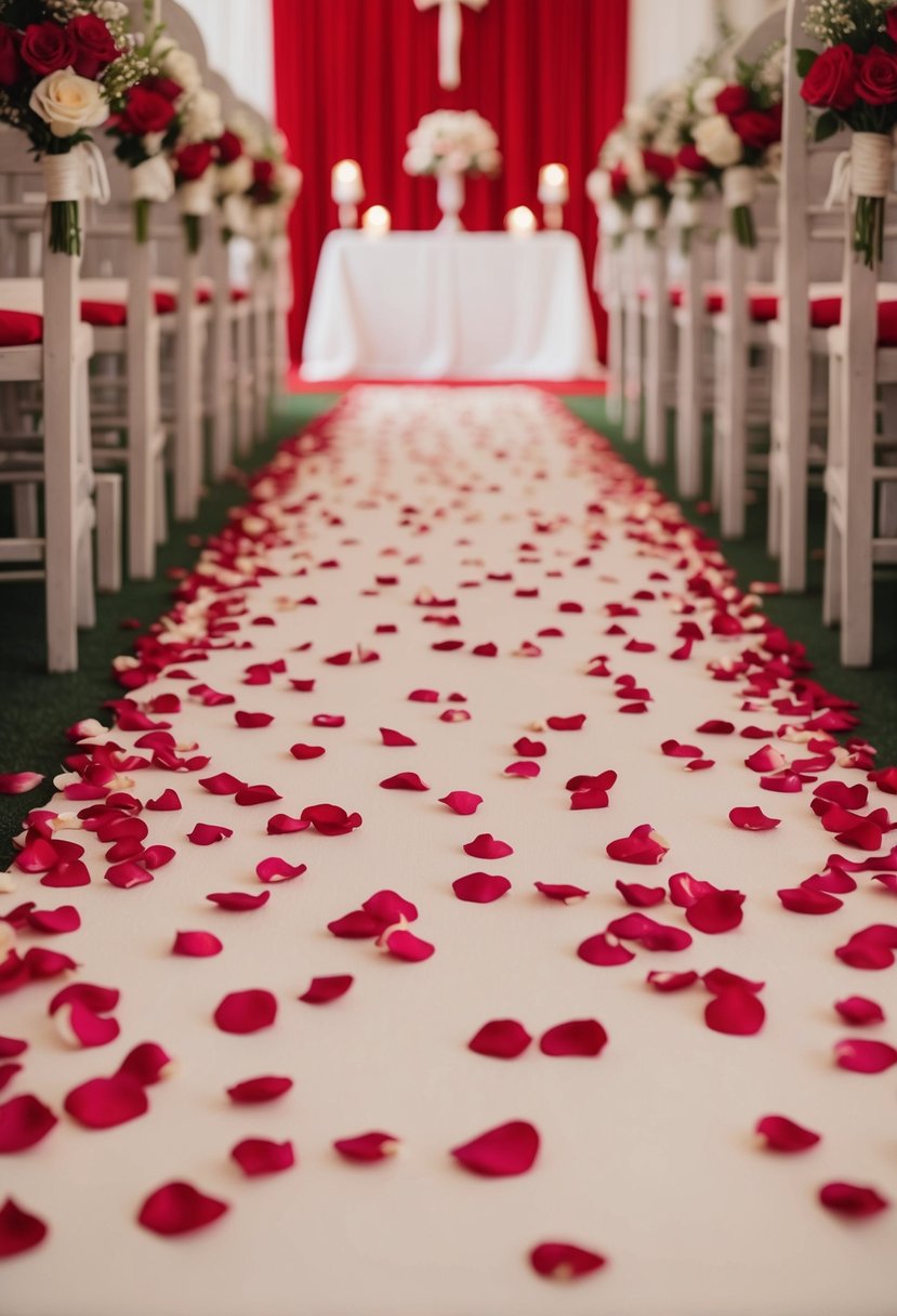 Aisle lined with cerise rose petals leading to a red-themed wedding altar