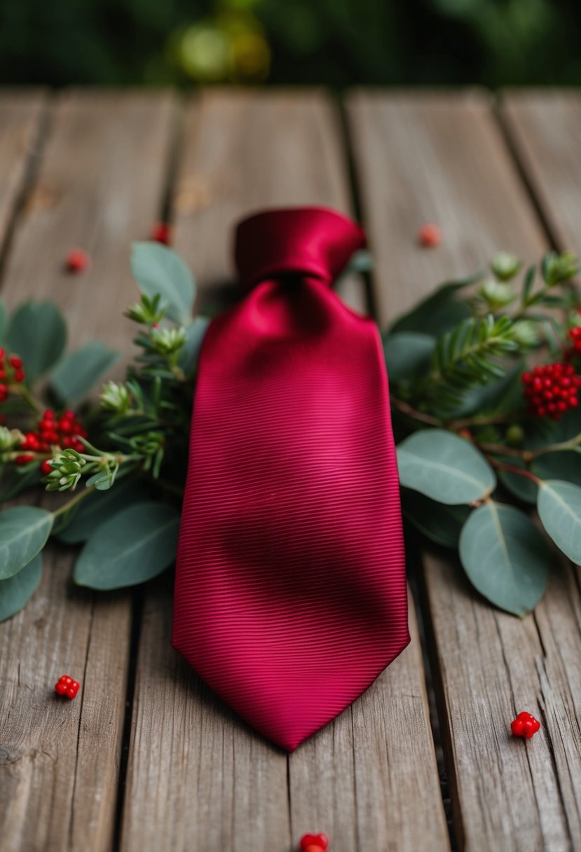 A pomegranate-colored tie draped over a rustic wooden table, surrounded by greenery and small red wedding decor