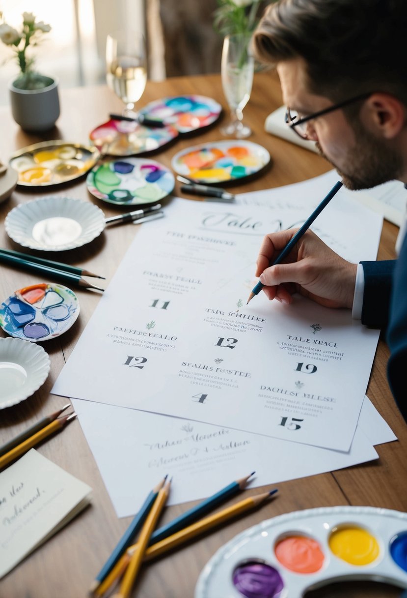 An artist sketches various table number designs for a wedding, surrounded by pencils, paper, and colorful paint palettes