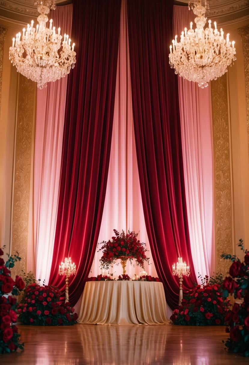 A grand ballroom with cascading carmine velvet drapery, adorned with rich red floral arrangements and flickering candlelight